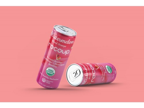 Front of pack design for line of sparkling organic health and hydration beverages. 3 flavors with fruit illustration, 12oz sleek can